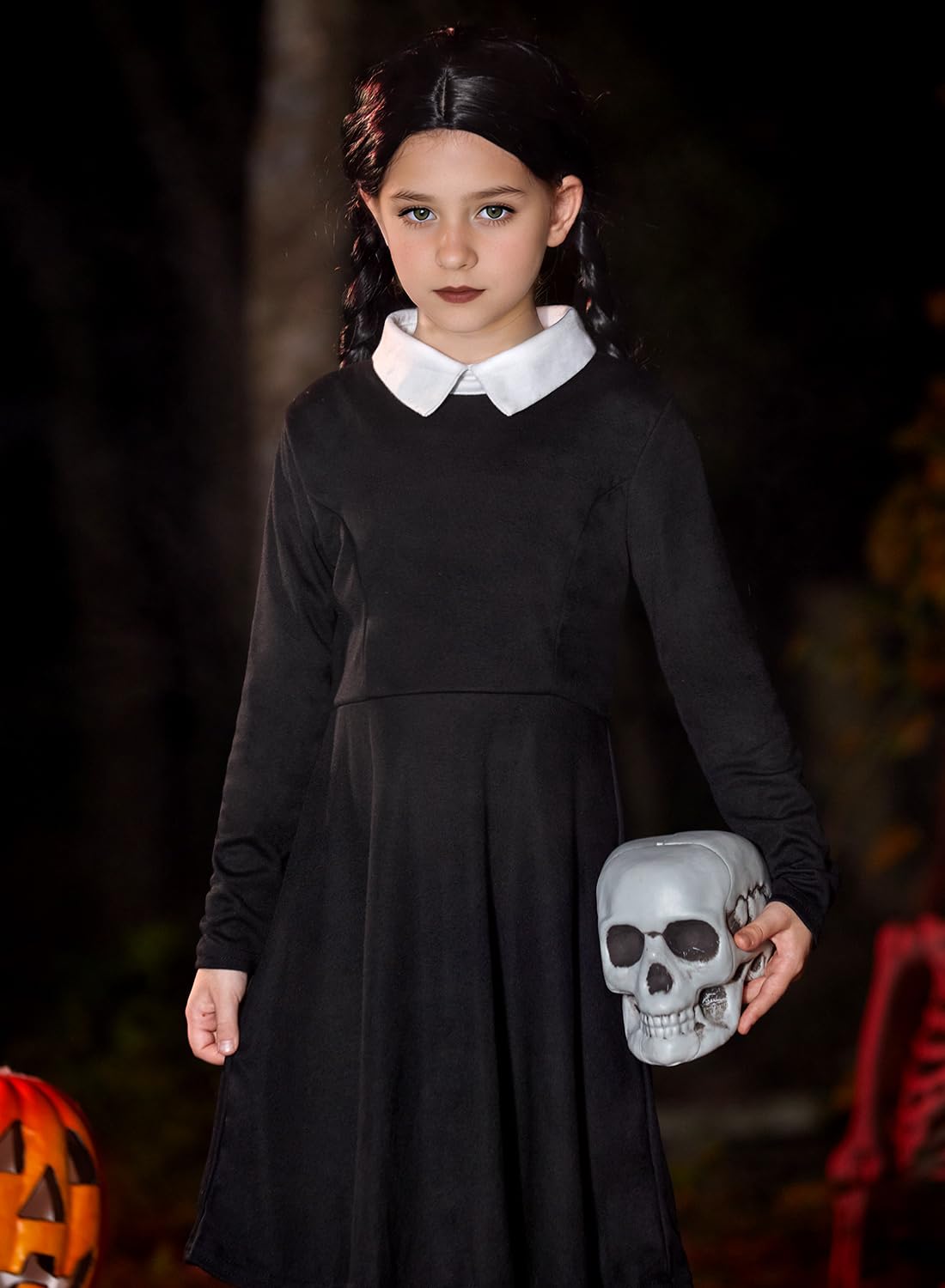 Girls Halloween Swing Black Peter Pan Collar Dress Aline Wednes Skater Party Outfit 4 Years