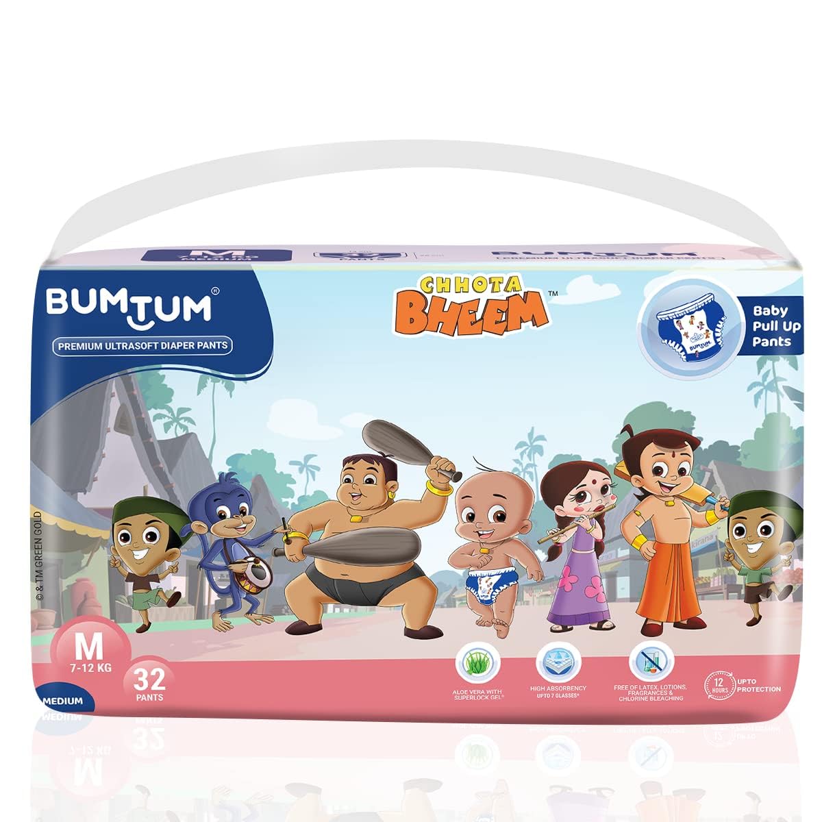 Bumtum Chota Bheem Baby Diaper Pants, Medium/M Size, 32 Pcs, Double Layer Leakage Protection Infused With Aloe Vera, Cottony Sof