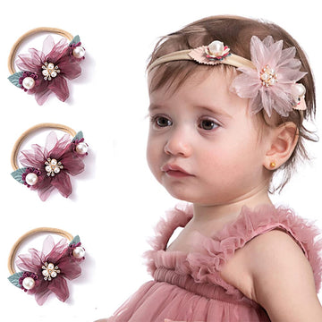 Wiwpar Gauze Flowers Headband Bead Headwear Elastic Adjustable Head Piece Girl'S Hairbands For Toddler And Childrens (Purple)