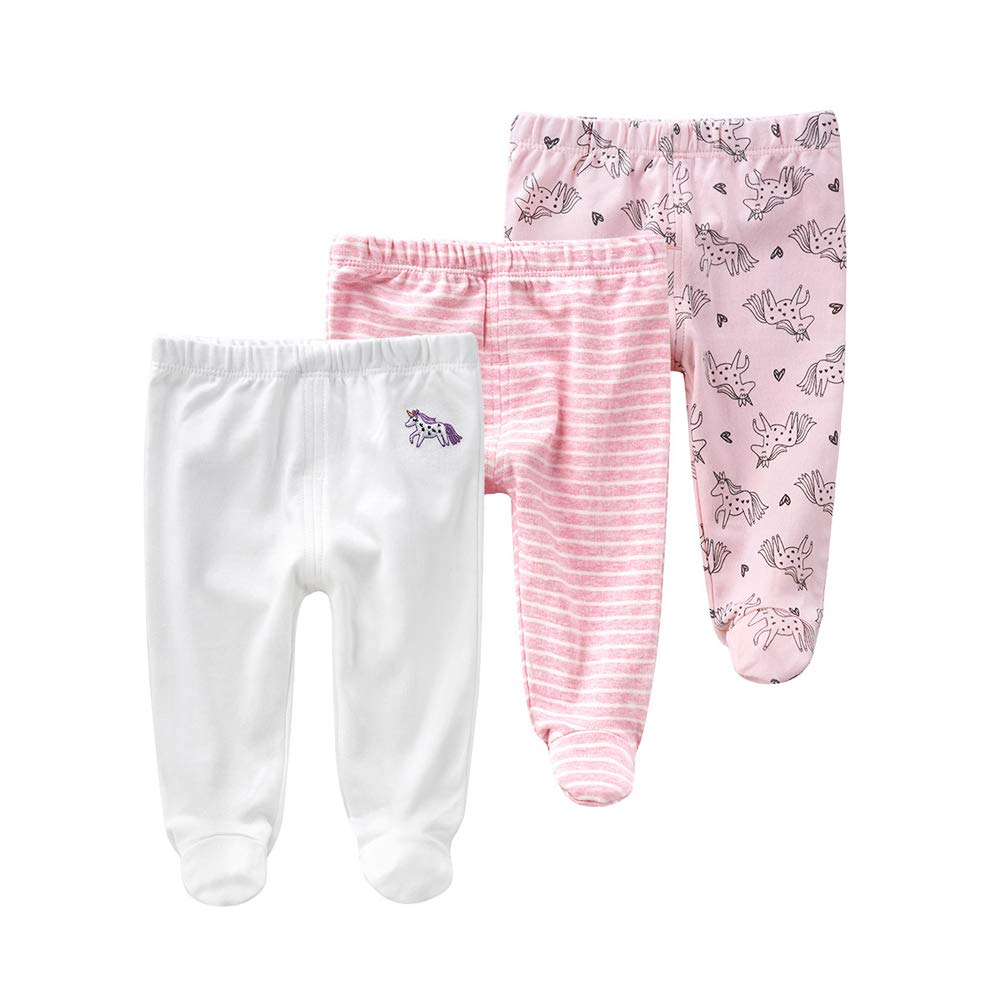 Teach Leanbh Newborn Baby 3 Pack Footed Pants Cotton Embroidery Pringting Casual Leggings 0-12 Months (3-6 Months, Unicorn)