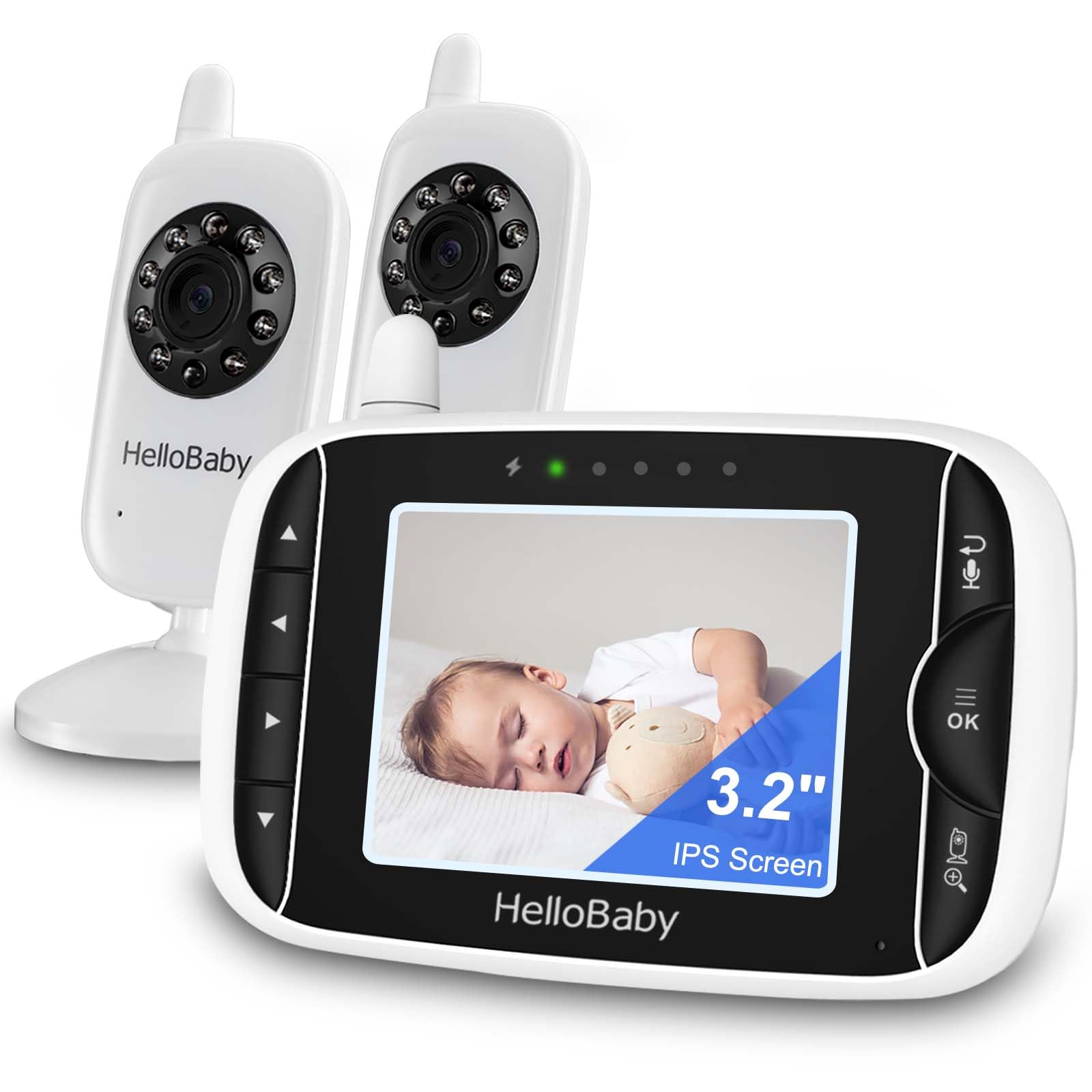 Hellobaby Baby Monitor With 2 Cameras, No Wifi, With Camera And Audio,Video, Night Vision 2-Way Audio, Fully Remote Pan & Tilt,