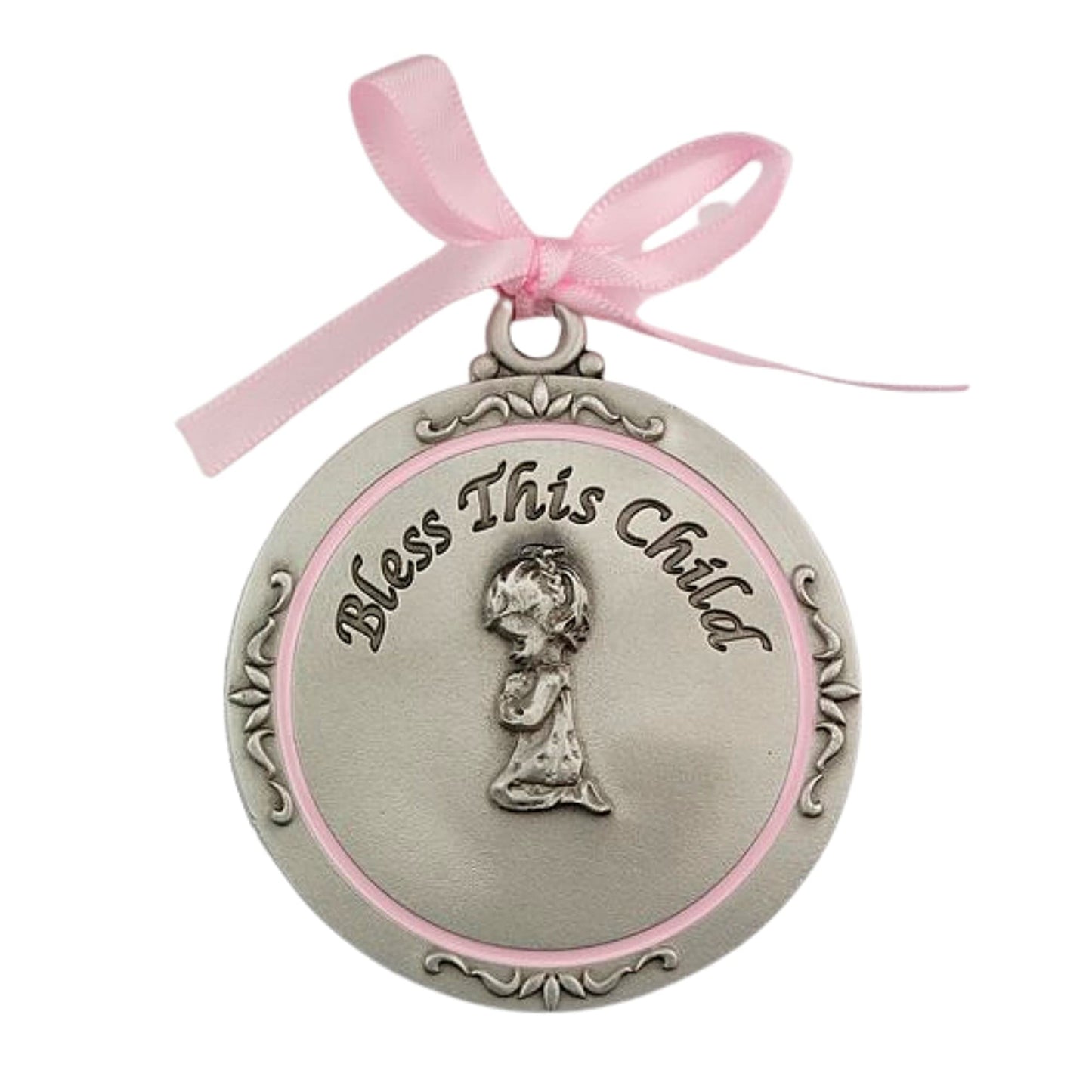 Bless this child crib medal Girl Crib Medal pink ribbon Round 2 3/4 great gift baby shower by McVan, Inc.