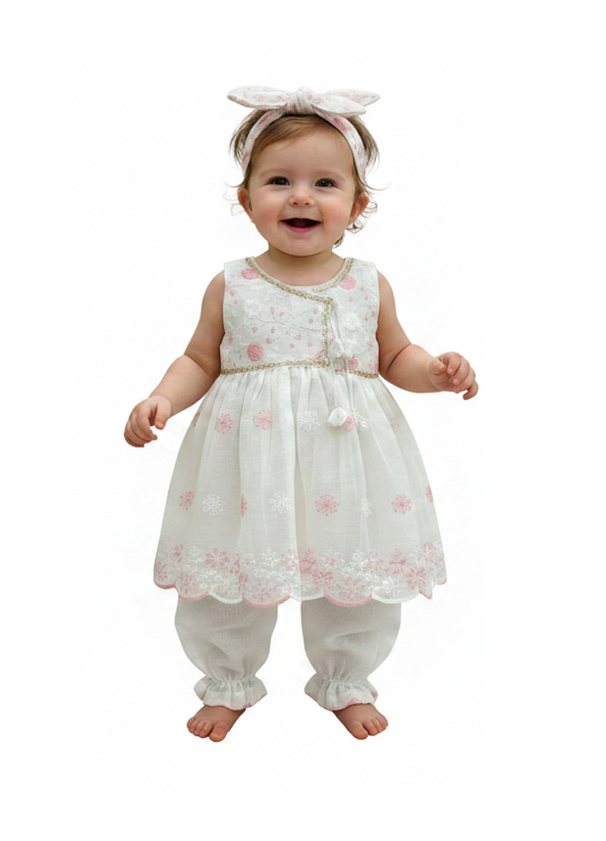 The Root & Craft New Born Baby Girl Floral Embroidered Suit Dress With Bloomers And Headband