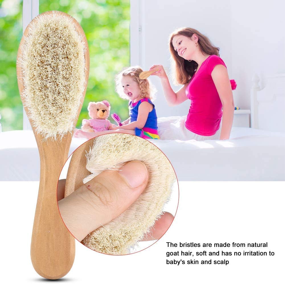 Hair Brushes Baby Head Brush, Kids Soft Goat Hair Comb Wood Infant Massage Scrub Tool Newborn Shower Registry Gift, Wooden Baby