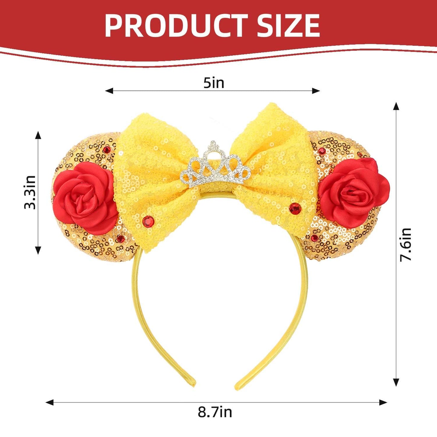 Razko Headband, Sparkle Belle Minnie Ears, Gold-Red Flower, Hairband For Disney Fans, Unisex-Kids, Unisex-Adults