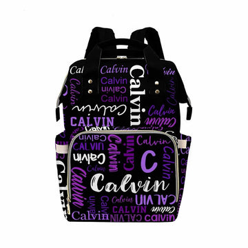Personalized Diaper Backpack, Custom Black Purple Logo Text Diaper Bag Mummy Nursing Baby Bag Casual Travel Daypack Bag Fashion