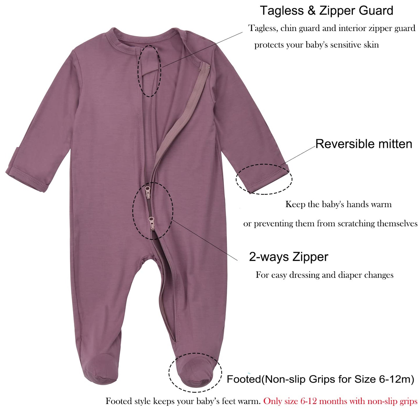 Aablexema Baby Footie Pajamas Zipper - Rayon From Bamboo Infant Footed Pjs With Mittens Sleepwear Jammies(Red Purple,6-12M)