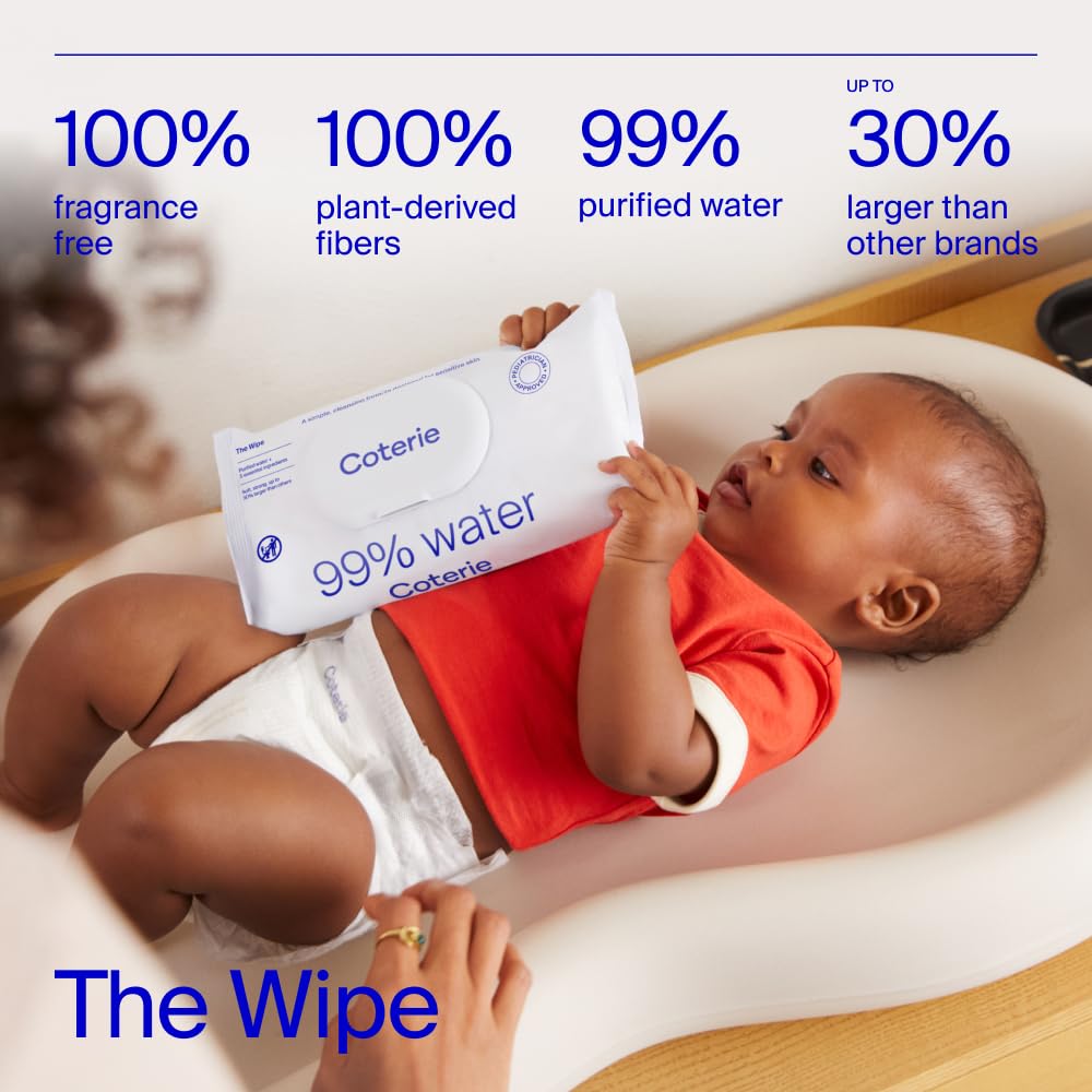 Coterie Baby Diapers + Wipes Baby Kit, Size Nb (186 Count) + 12 Wipe Packs (672 Wipes) Made With Plant Derived Fibers, Hypoaller