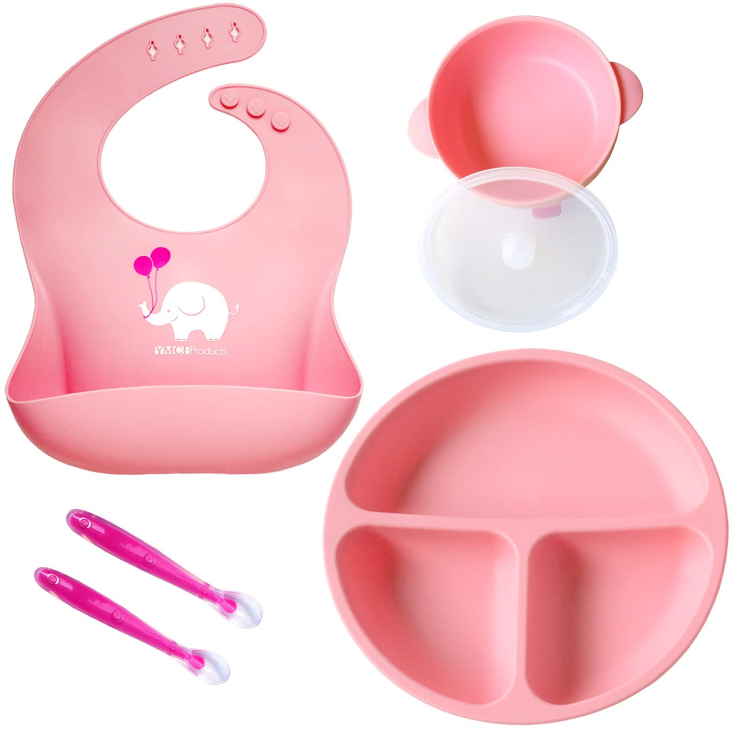YMCF Products Baby or Toddler Feeding Set | Silicone Bib, Divided Plates, Suction Bowls & Spoons, Dishwasher-Safe, Easy-Wipe Cle