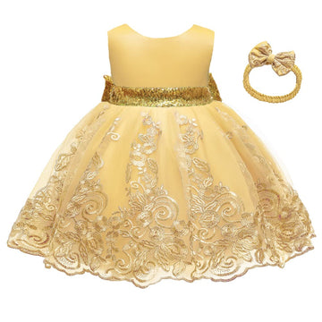 Cmmchaah Toddler Girls Big Bowknot Dresses Baby Little Girls Lace Embroidery Wedding Party Ball Gown Dress (Yellow,120)