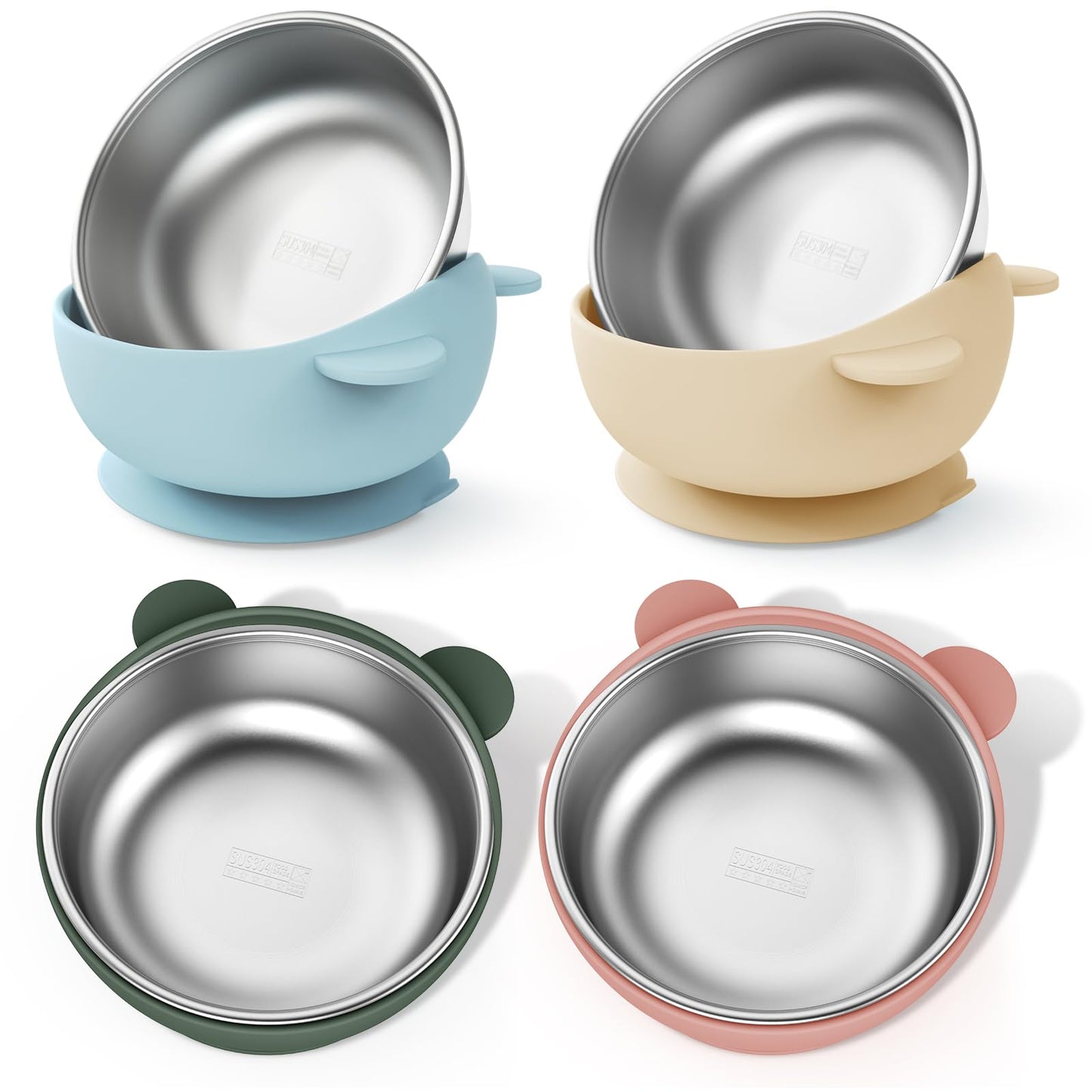 Bakpoco Stainless Steel Baby Bowls with Suction, 2-in-1 SUS304 Toddlers Bowl & Removable Silicone Suction Kids Bowl, Anti Scald