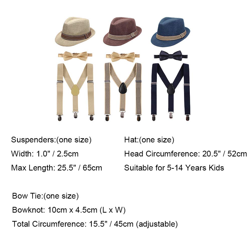 Kid Y-Back Adjustable Brace Suspender Pre-Tied Bowtie Short Trim Fedora Hat 3Pcs Outfit For Boys/Girls Black