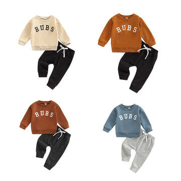 Beqeuewll Baby Boy Clothes Outfits 2Pcs Letter Print Crewneck Sweatshirt Pants Sweatsuit Little Boy Clothing(Bubs Apricot, 12-18