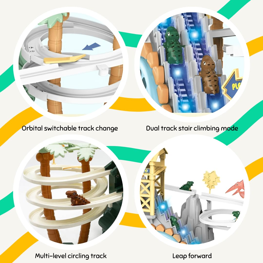 Gemprime Dinosaur Climbing Slide With Race Track, Lights And Music - Adventure Toy For Toddlers & Kids Age 3-8 - Blue