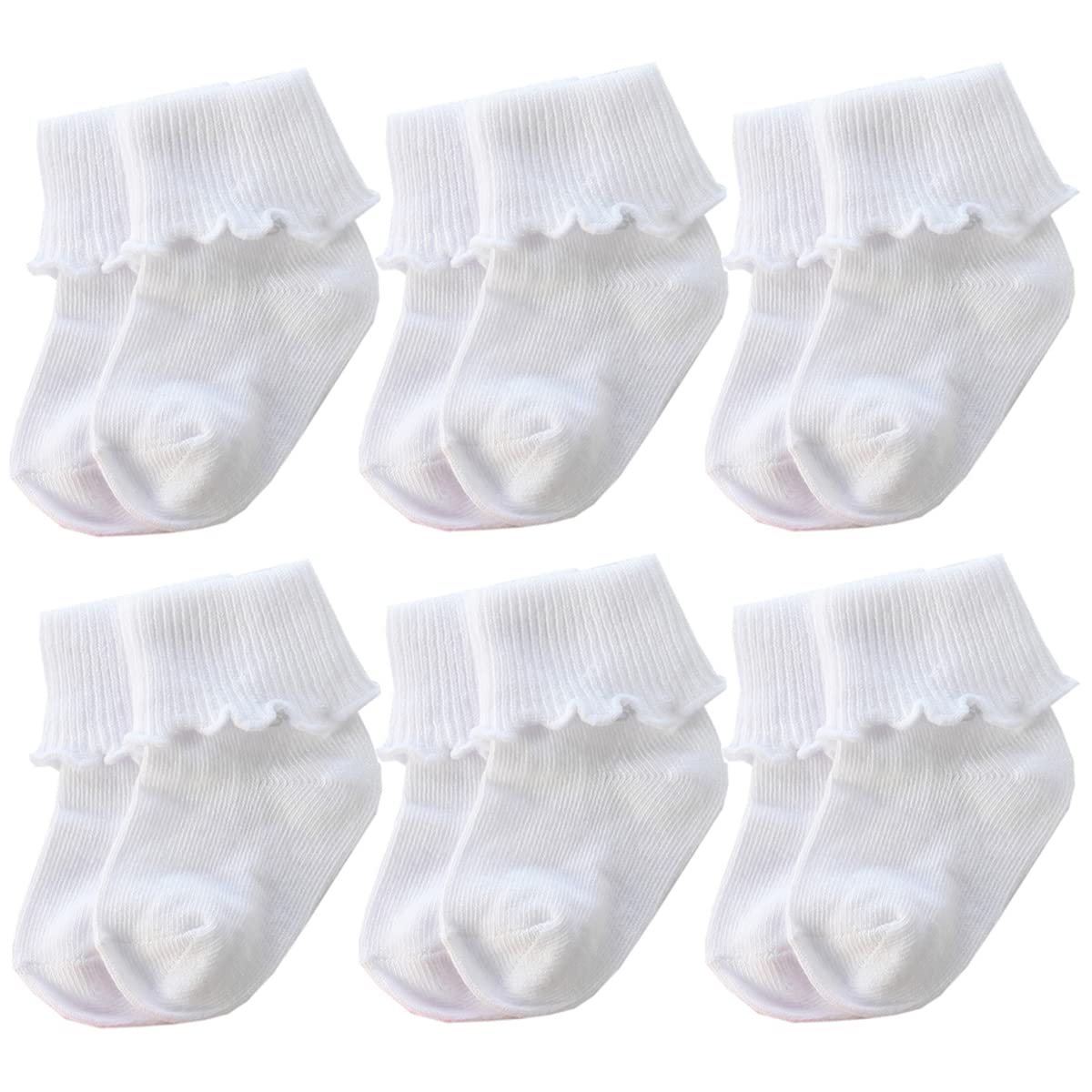 Xiyadun 6 Pairs Newborn Infant Baby Girls 0-12 Months Turn Cuff Ankle Socks Low Cut Cottle Ruffle Cute Dress Socks (0-6 Months,