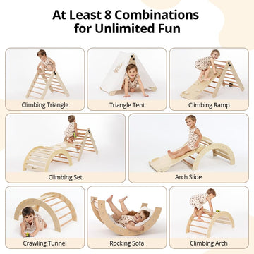 Pikler Triangle Set With Cushion, 8-In-1 Toddler Climbing Toys Indoor, Wooden Montessori Climbing Set With Arch Ramp,Ladder&Tent