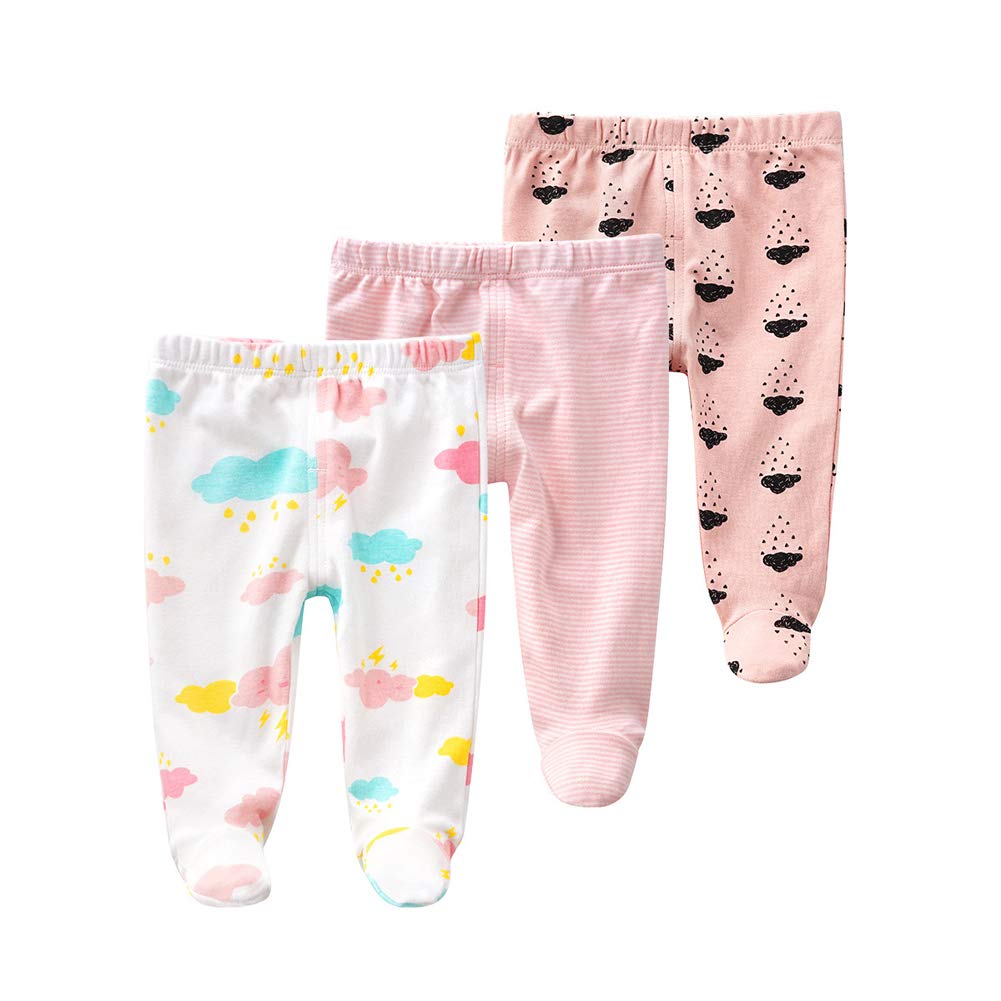 Teach Leanbh Newborn Baby 3 Pack Footed Pants Cotton Embroidery Pringting Casual Leggings 0-12 Months (3-6 Months, Cloud)