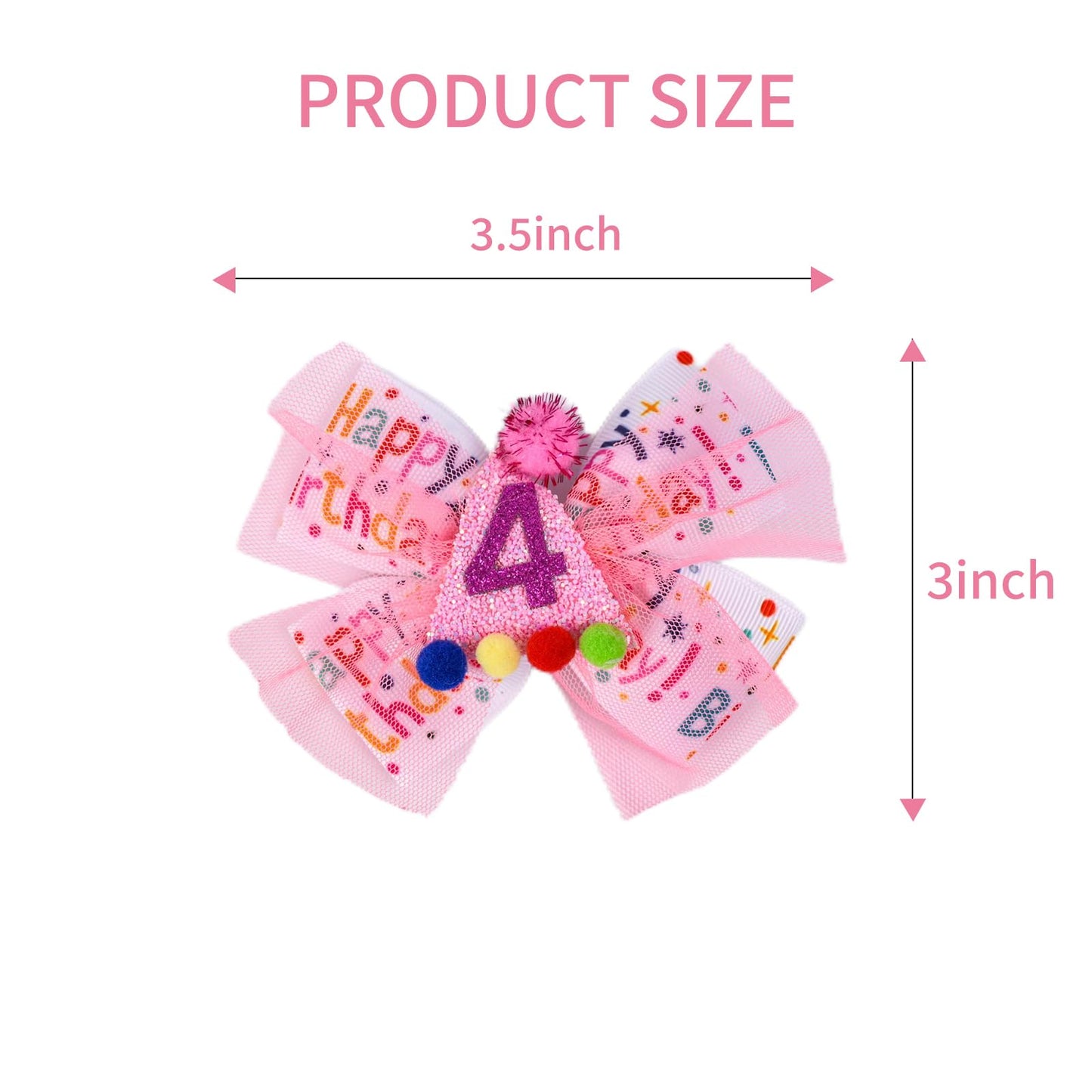 Birthday Hair Clips - 2Pc Pink Glitter Bow Hair Clips With Mesh Material And Colorful Balls For 4Th Birthday Baby Bow Party Deco