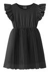 Lyxiof Girls Tutu Dress Casual Tulle Summer Solid Color Ruffle Sleeve Dress Black 100Cm