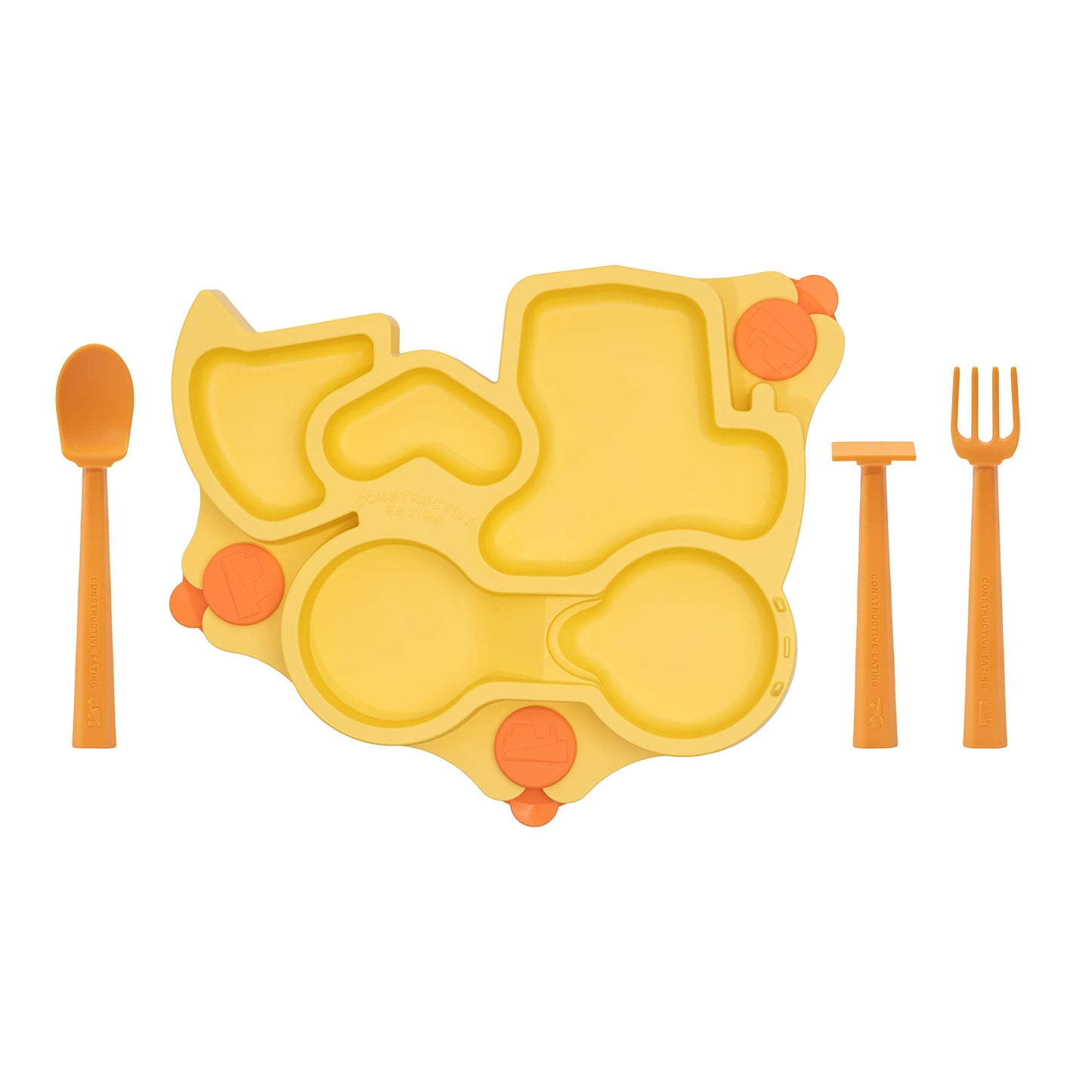 Constructive Eating Plate Made In Usa | Constructive Baby | Kids Dinnerware Set, Yellow Truck Plate | Divided Suction Plates For