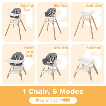 Baby Joy Baby High Chair, 6 In 1 Convertible Wooden High Chair For Babies & Toddlers With Adjustable Legs, Double Removable Tray