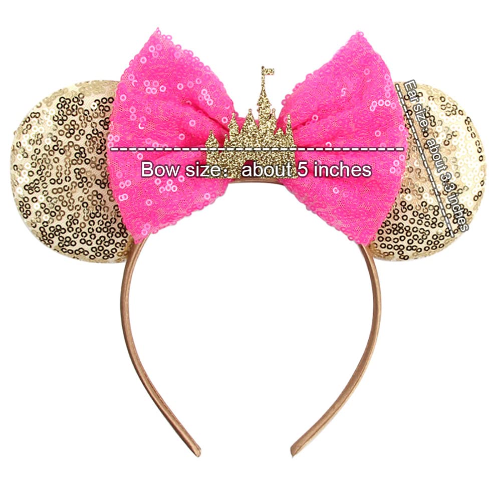 Foeran Mouse Ears Headbands Shiny Bows Mouse Ears Glitter Party Princess Decoration Cosplay Costume For Girls Women (Gold/Pink)