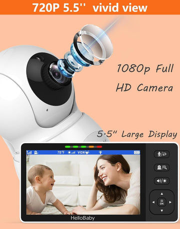 Hellobaby 720P 5.5'' Hd Baby Monitor With Camera And Audio No Wifi, Video Baby Monitor, Remote Pan Tilt Zoom Wide View Range, 10