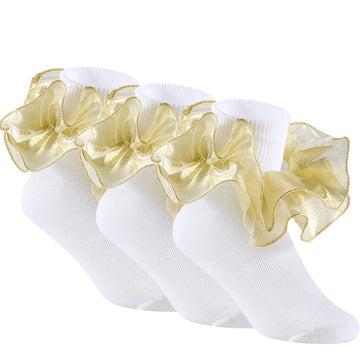 Yepami 3 Pairs Girls Ruffle Socks Big Double Lace Frilly Trim Dress Socks (Gold, Large)