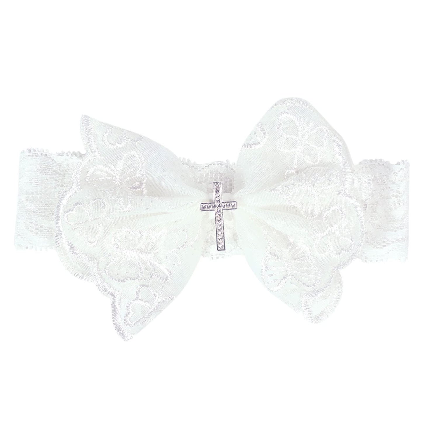 BIBABLYKE Baby Lace Bow Headband for Girls Breathable Bowknot Hair Bands Toddler Christening Party Headdress Cross Turban Hairba