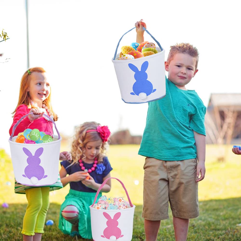 3 Pcs Easter Bunny Basket Bags For Kids - Canvas Cotton Carrying Gift And Eggs Hunt Bag, Easter Gift Basket With Tails Printed R