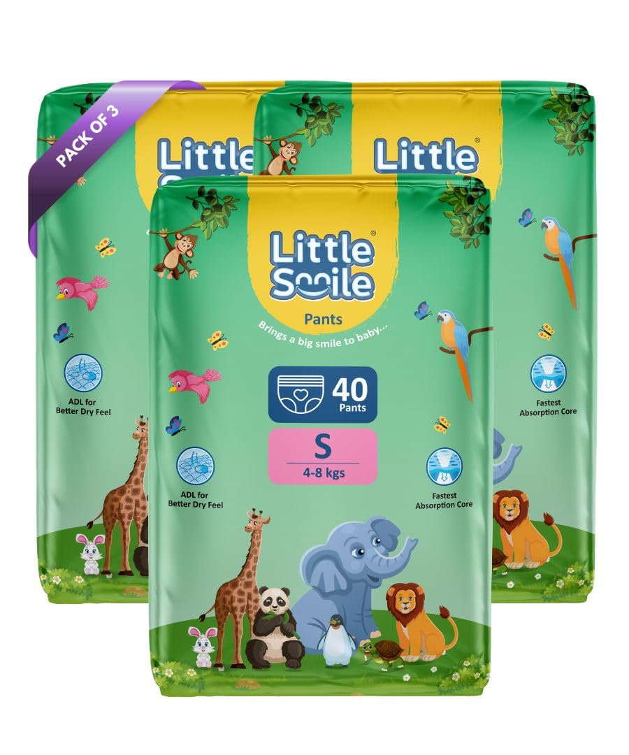 Little Smile Baby Diapers Pant Style | Small (S) Size | Ideal For 48 Kgs Baby | 120 Count Odorless And Antibacterial Layer Wit