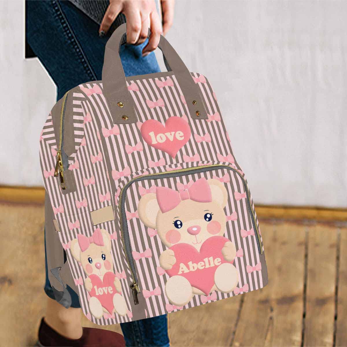 Artsadd Personalized Baby Bag Casual Shoulder Bag, Custom Pink Love Stripe Diaper Backpack With Thermal Pockets Multifunction Da