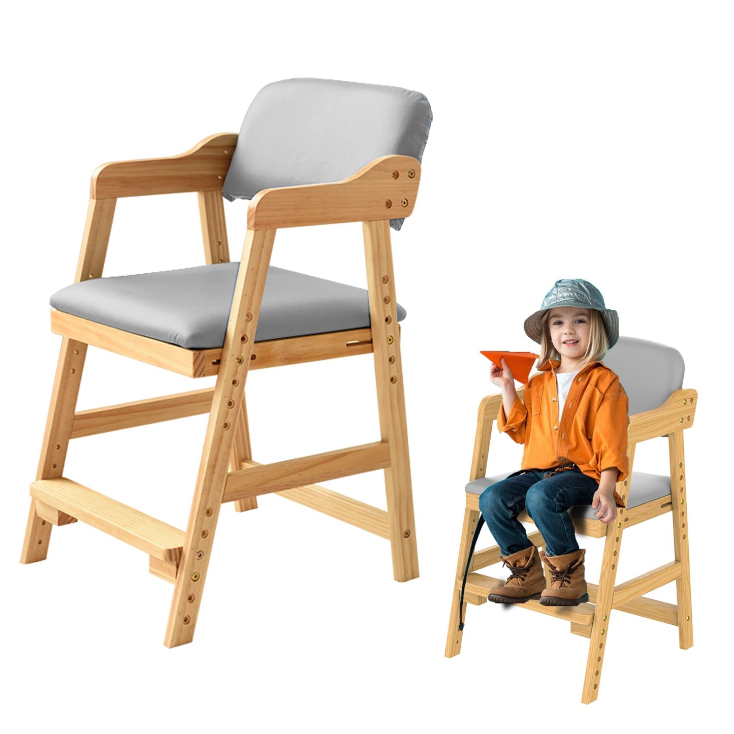 Wooden High Chair for Toddlers, Adjustable Toddler High Chair with High Rebound Waterproof Cushion for Toddlers to Teens,Toddler