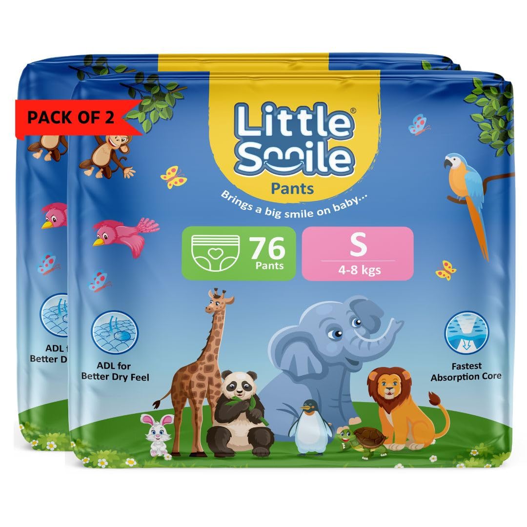 Little Smile Baby Diapers Pant Style | Small (S) Size | Ideal For 48 Kgs Baby | 152 Count Odorless And Antibacterial Layer Wit
