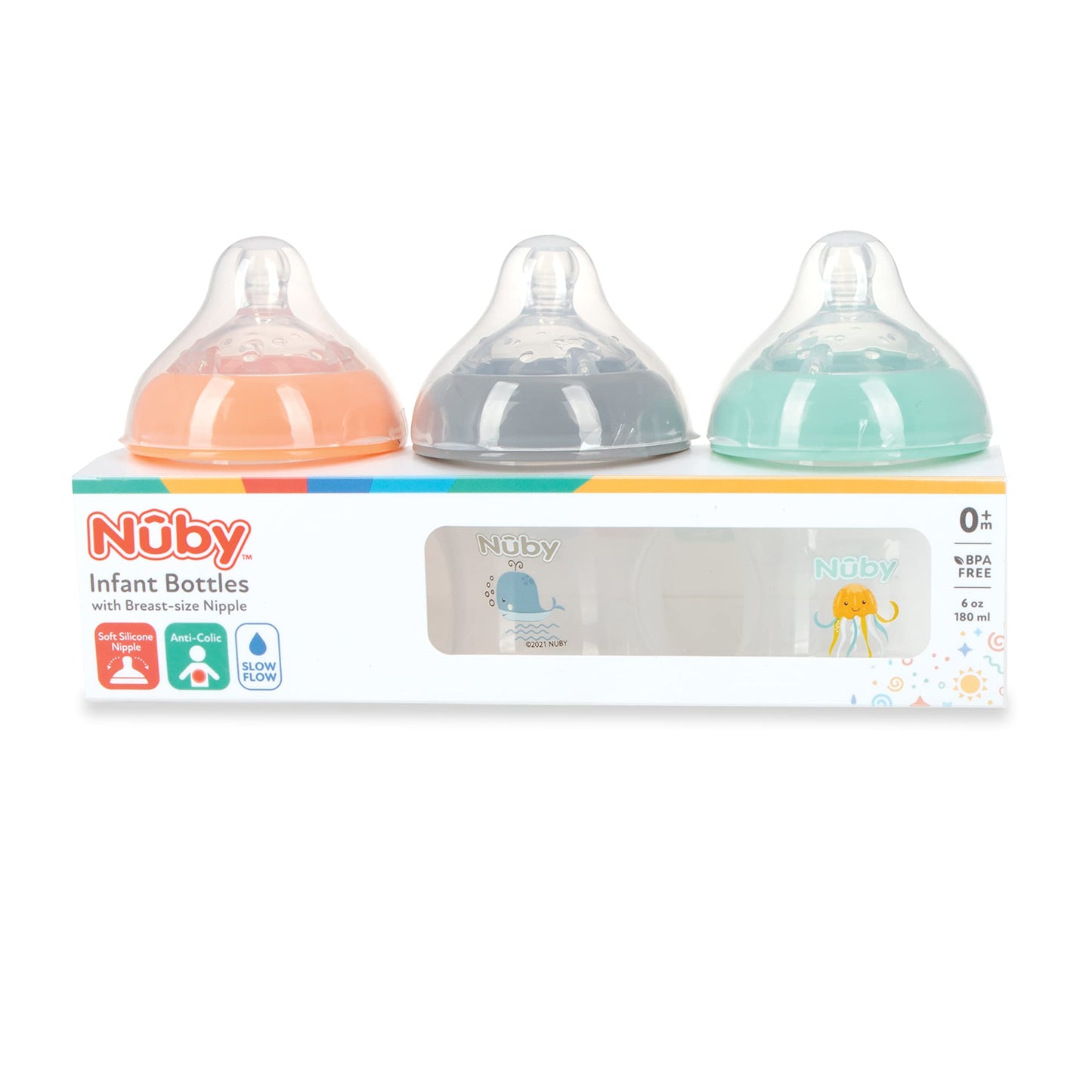 Nuby 3-Pack Infant Feeding Bottles With Slow Flow Breast Size Silicone Nipple: 0+ Months, 6Oz, 3 Pack Set: Delicate Whale, Jelly