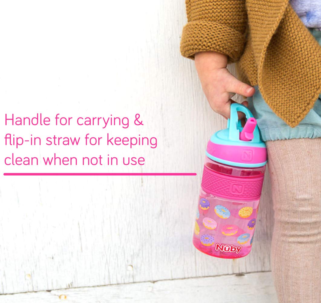 Nuby Thirsty Kids Flip-It Freestyle On The Go Water Bottle With Bite Resistant Hard Straw Cup And Easy Grip Band, Pink Donuts, 1