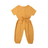Toddler Baby Girl Summer Fall Basic Plain Short Sleeve Cotton Linen Drawstring Romper Jumpsuit (Mustard Yellow, 6-12 Months)