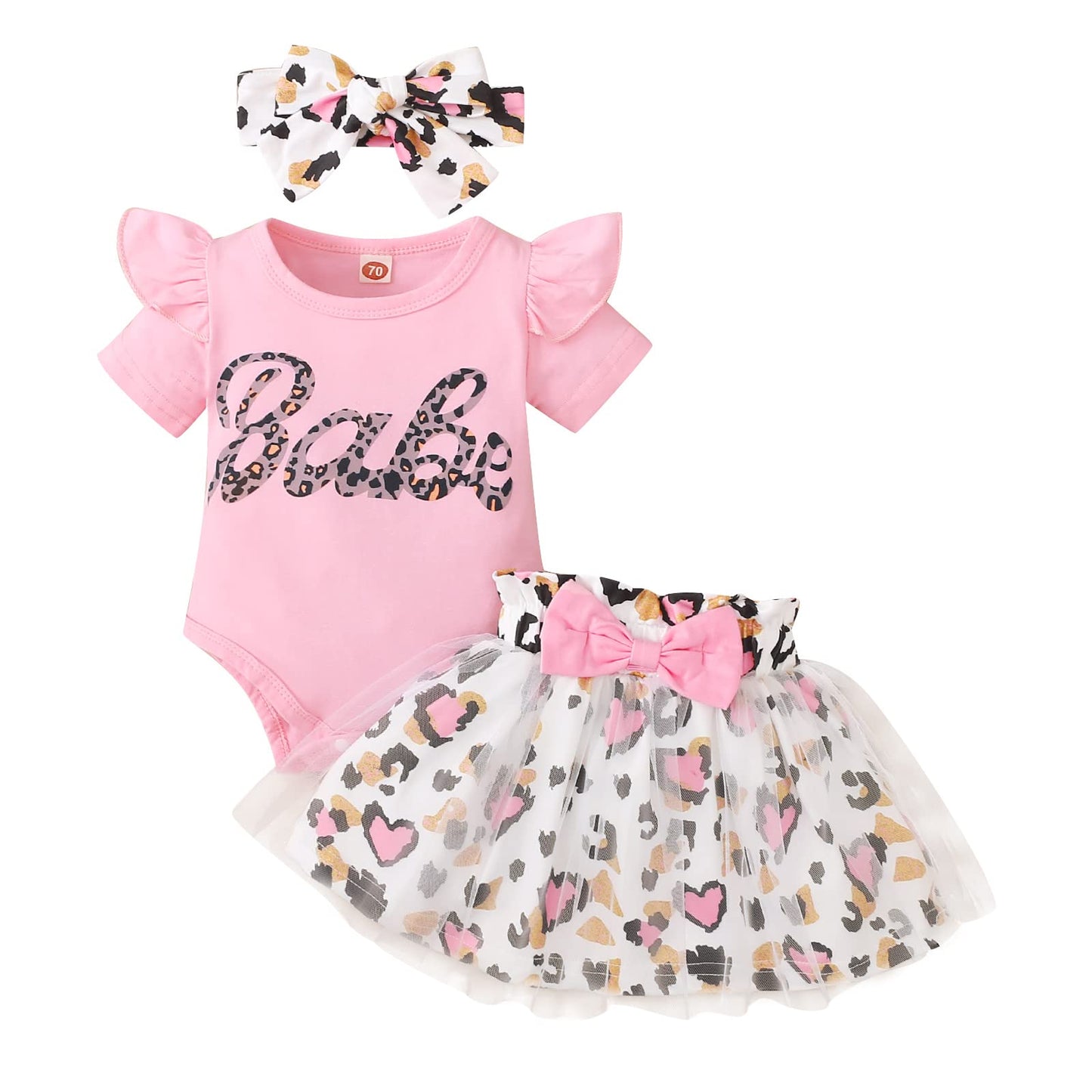 Miekisa Baby Girls Romper And Leopard Mesh Dress Sets With Headband (Pink, 6-12 Months)