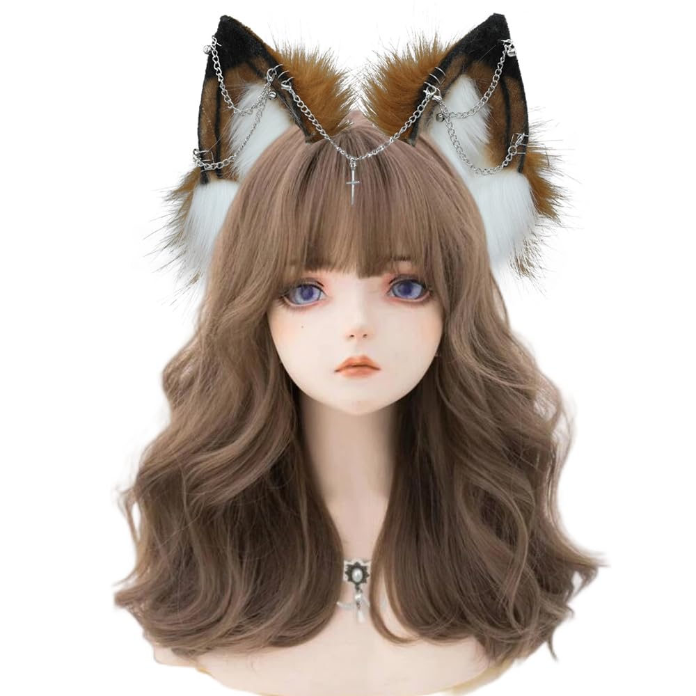 Vigvan Handmade Wolf Fox Ears Animal Cosplay Cute Head Accessories For Halloween (Chain Brown White)