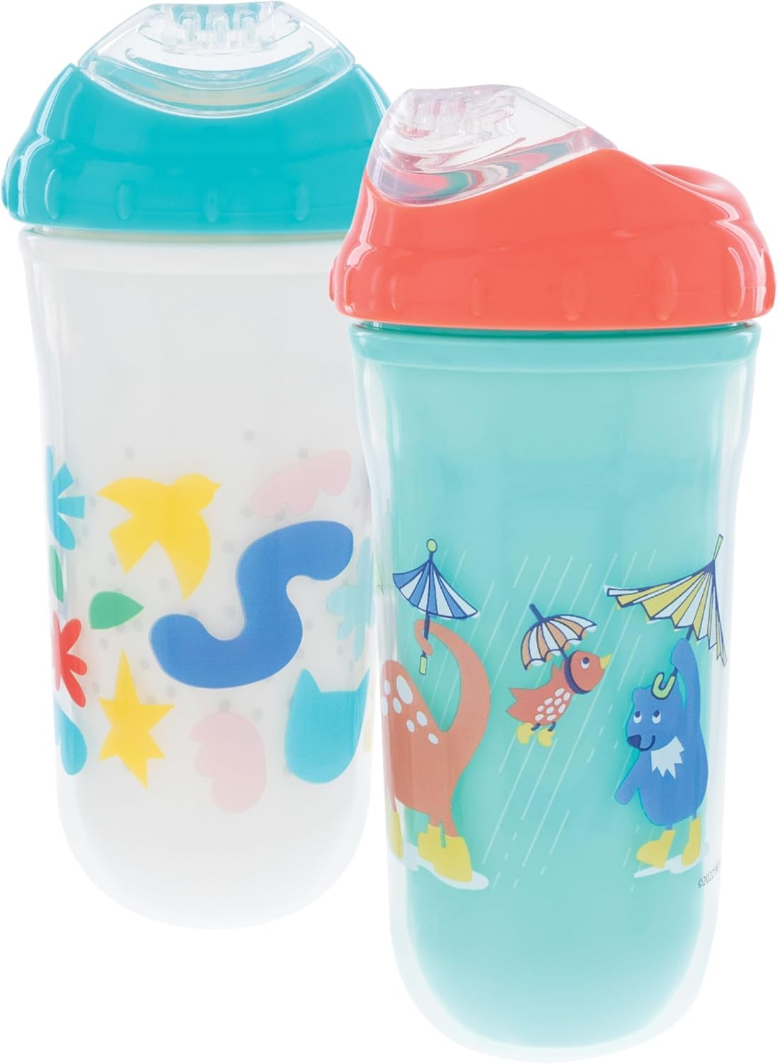 Nuby No Spill Insulated Transition Cup With Soft Rim Spout | 9 Oz/ 270 Ml | 2 Pack: Aqua Animals & White Shapes Or Blue Dinosaur