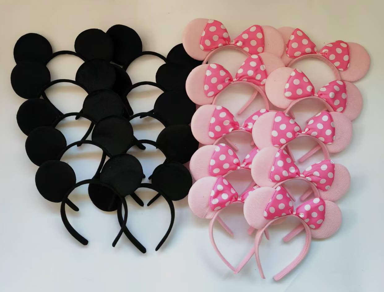 Newtgan 20 Pcs Mouse Ears Headbands For Birthday Party Theme Park Costume Play Celebration For Boys And Girls (Black,Pink) (Pink
