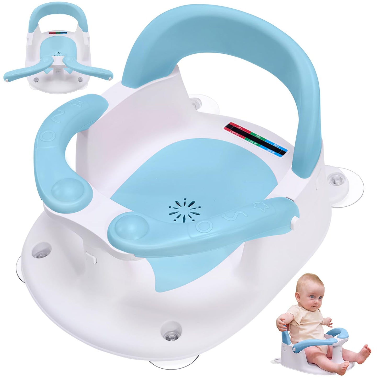 LDIIDII Baby Bath Seat for Babies 6 Months & Up Sitting Up,Infant Bath Seat with Temperature Alert+Open Backrest+on/Off Armrest,