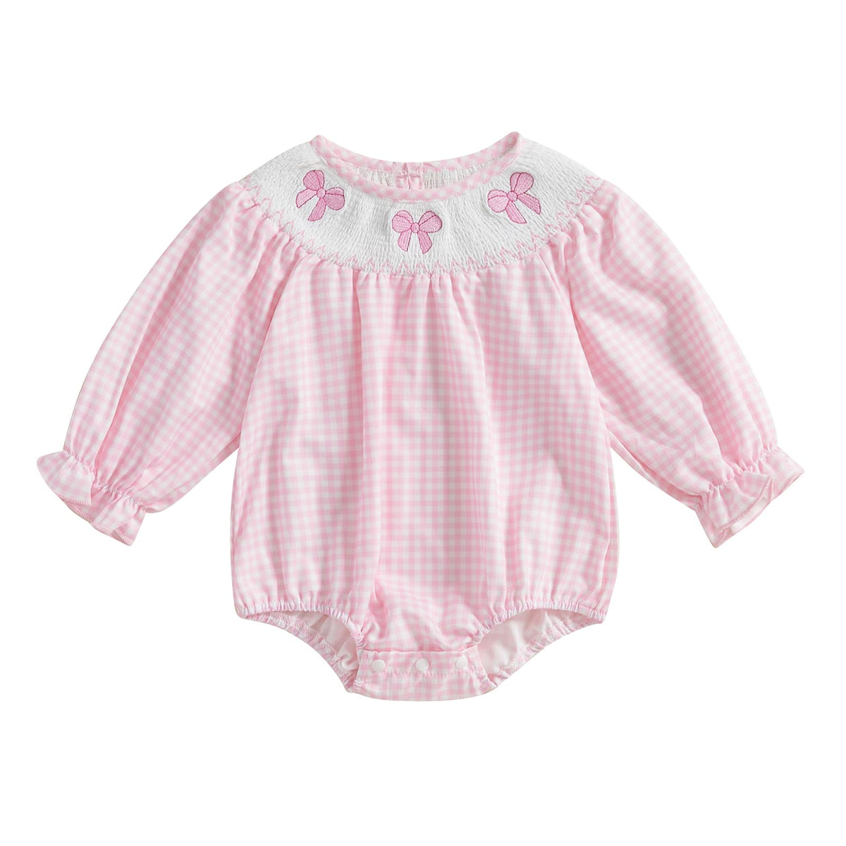 Lamuusaa Newborn Baby Girl Clothes Long Sleeve Smocked Romper Bow Embroidery Plaid Bodysuit Shirts Fall Outfits 018M, Pink, 03