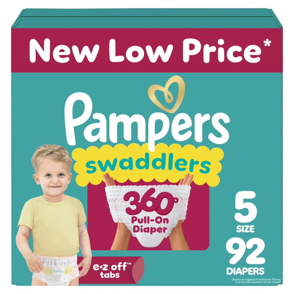 Pampers Diapers - Swaddlers 360 - Size 5, 92 Count, up to 100% Leakproof Comfy Dry Fit, Designed for Easy Changes, Pull On Baby