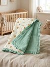 Baby Muslin Blanket with Ruffle Border, Dinosaur Print, Blue, Soft Cotton, Newborn Swaddle (OffWhitePista1)