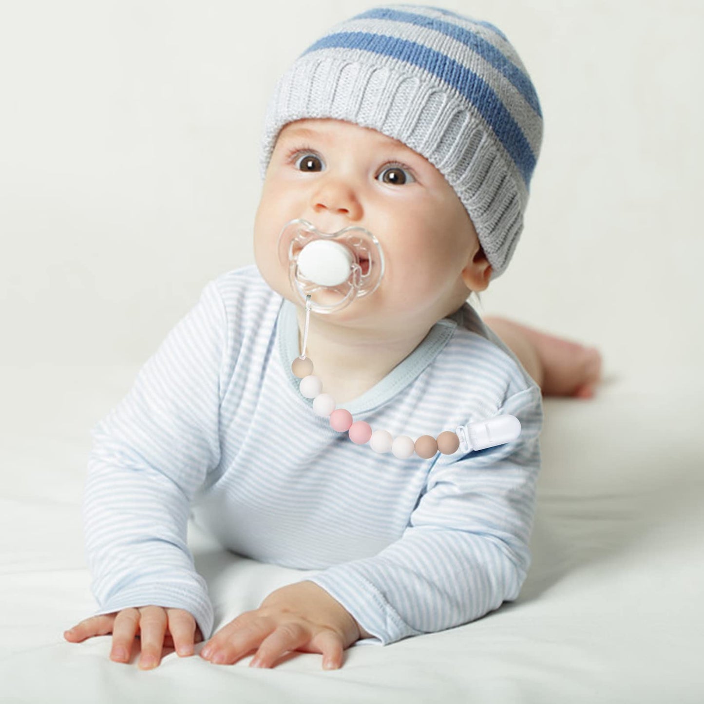 Pacifier Clips For Baby Boys Girls Paci Clip Holder Birthday Gift 2 Pack (Pink Peach)