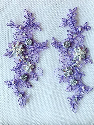 Wtbv.N 23X9Cm Sew On Beaded Rhinestones Light Purple Lace Applique Veil Manual Diy Accessories 2Pcs/Bag