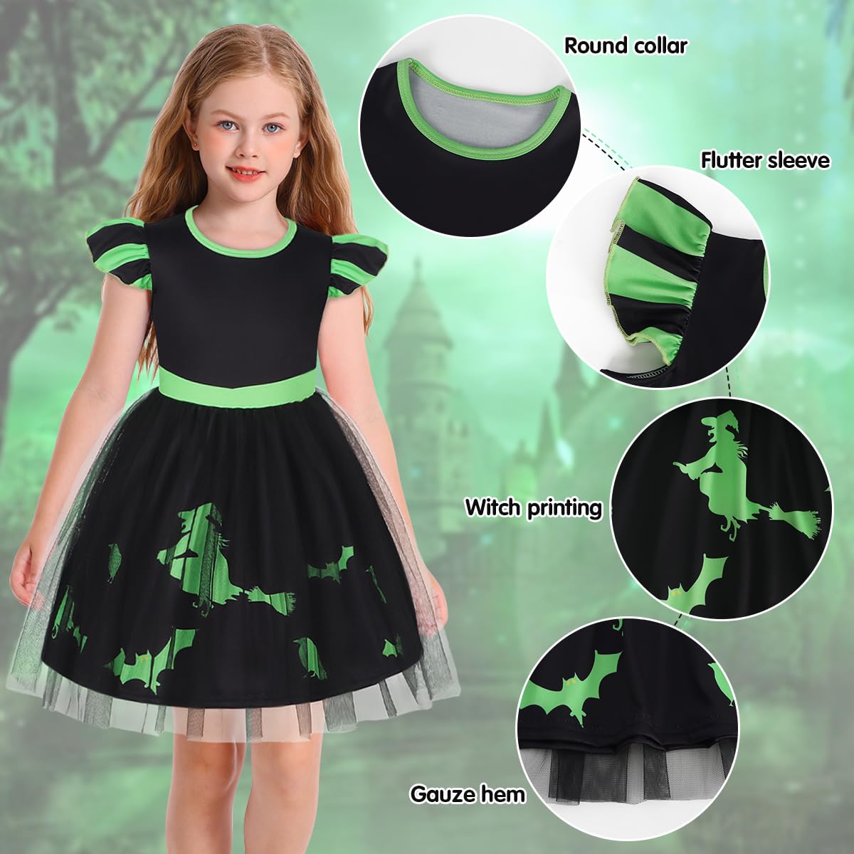 Marendyee Black Witch Costume Girls Halloween Toddler Kids Tulle Dresses Flutter Sleeve (9-10 Years)