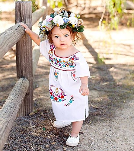 Kashoer Newborn Toddler Baby Girls Ethnic Embroidery Floral Dress Long Sleeve Party Sundress Skirt (12-18Months, White)