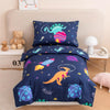 Perfemet Toddler Bedding Set 4 Pieces Cartoon Dinosaur Planet Printed Bed In A Bag For Boys Girls Reversible Navy Blue Toddler C